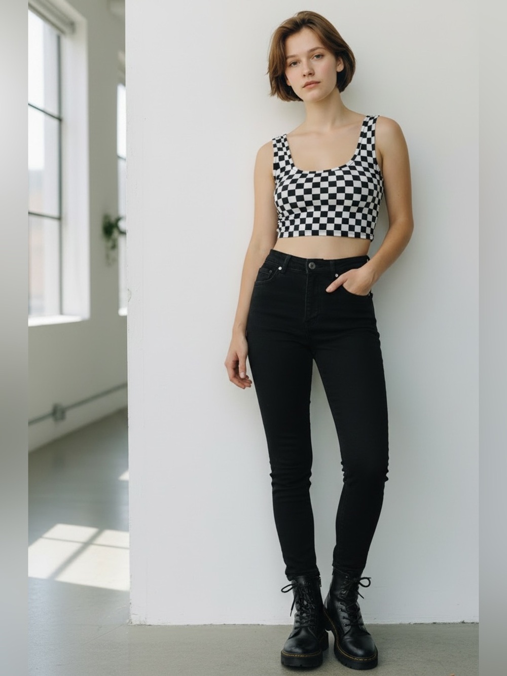 Checkered Black and White Women's Crop Top